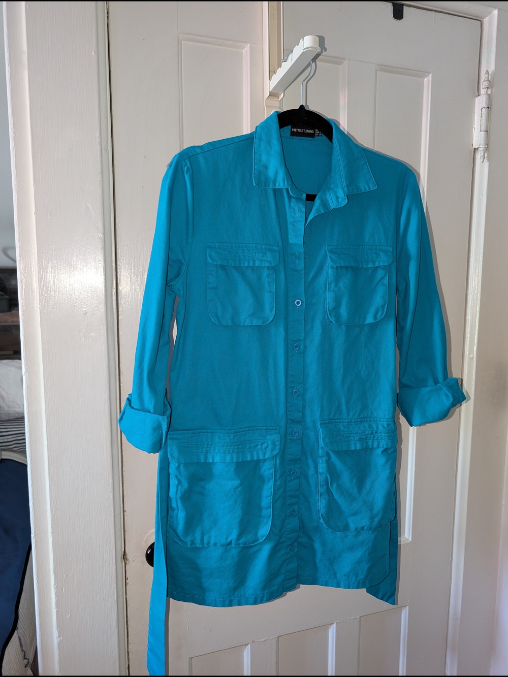 PrettyLittleThing Turquoise Utility Shirt Dress Belted Pocket Mini Dress US 4